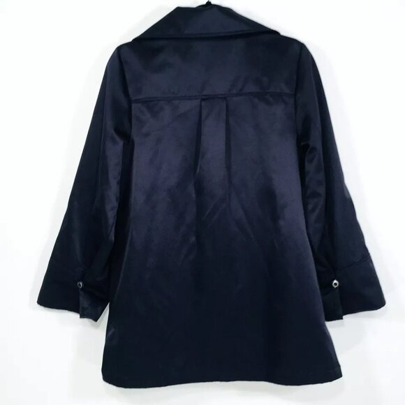 Dennis Basso Sz XS Front Zip Rain Jacket Navy Satin Anorak Removable Hood - Picture 9 of 12